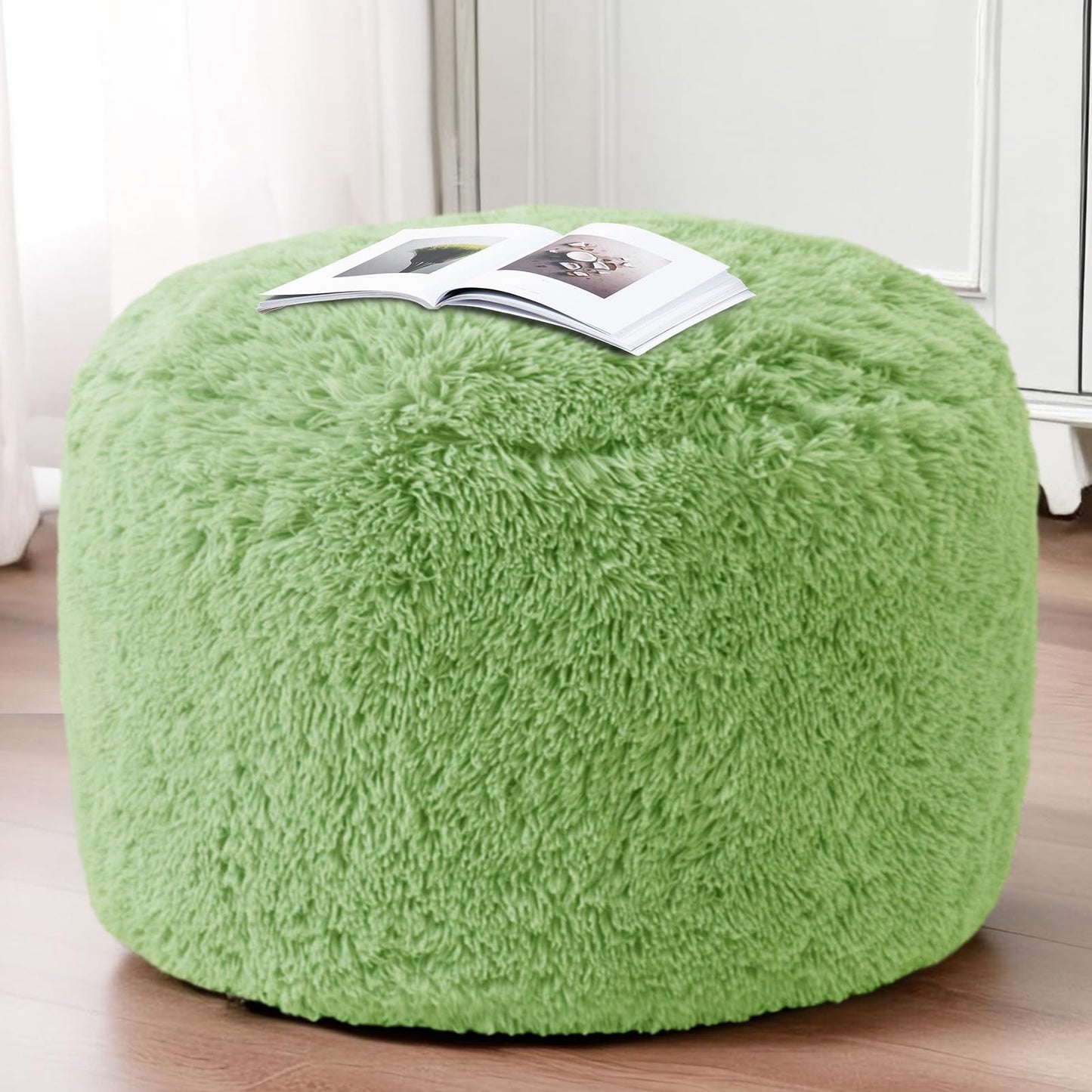 HIGOGOGO Round Stuffed Pouf Ottoman, Long Faux Fur Poufs with Foam Chunk Filling, Fluffy and Furry Pouf Foot Stool Storage Ottoman, 26 X 18 Floor Poufs Foot Rest for Living Room, Green