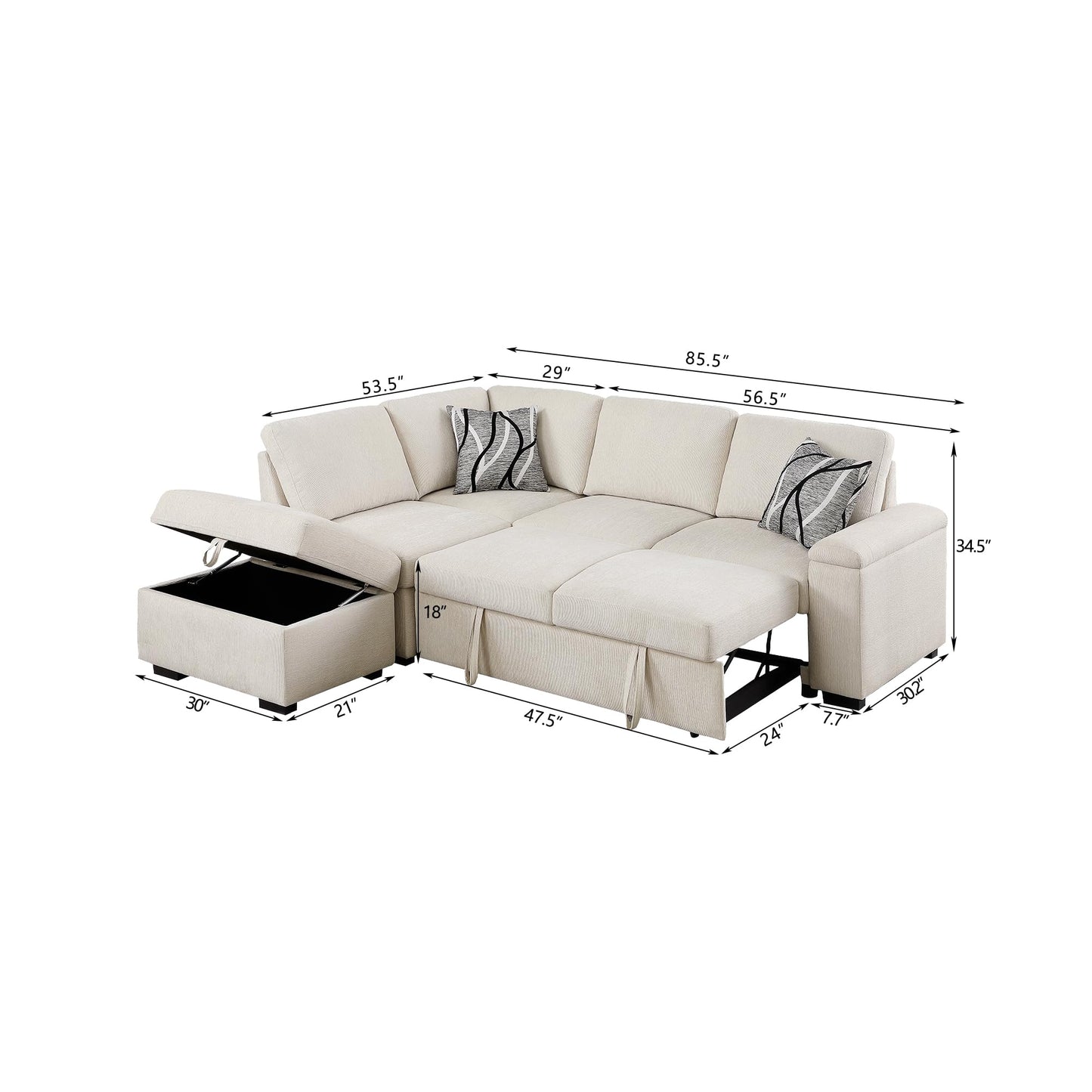 Homebeez Convertible Sofa Bed with Movable Storage Ottoman,85.5"X53.5"X34.5",L-Shaped Sofa Sectional Sofa Sleeper Bed,Chenille Fabric Sofa Set for Living Room, Beige