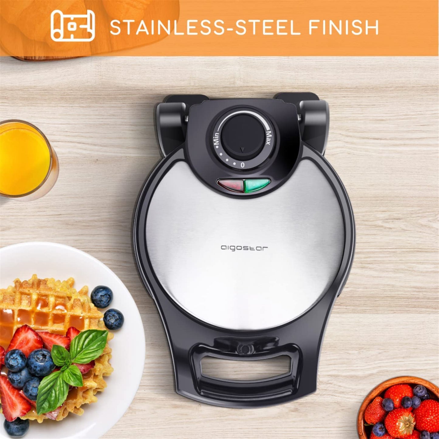Aigostar Belgian Waffle Maker Thick 1.2", 8 Inch Flip Waffle Irons with Non Stick Surface, 900W Stuffed Waflera Electrica with Temperature Control, 4 Slice Rotating Round Waffle Cone Machine