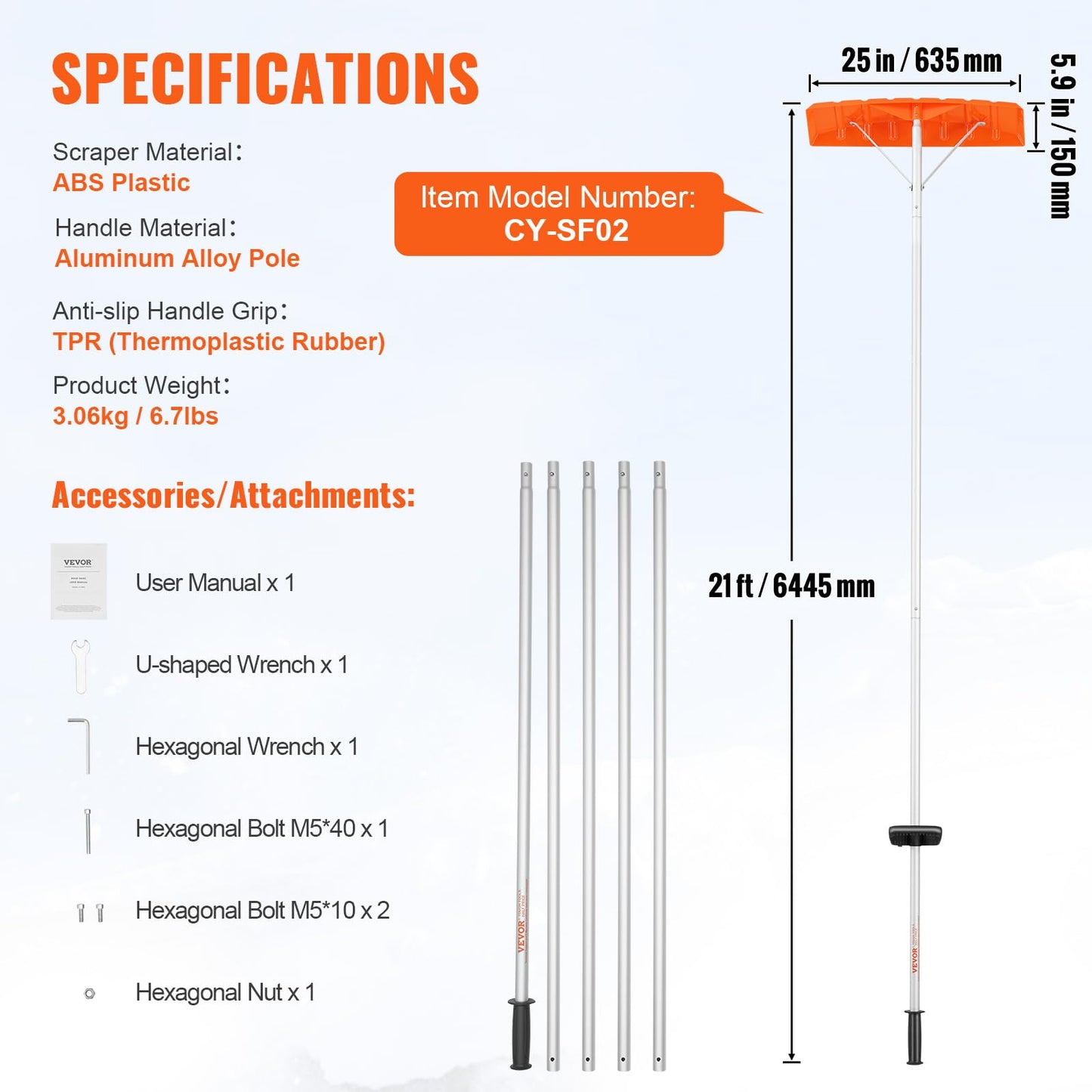 VEVOR Snow Roof Rake, 25" Plastic Blade Snow Removal Tool, 21ft Reach Aluminium Handle, Superior Roof Shovel with Anti-Slip Handle Grip, Easy to Setup & Use for House Roof, Car Snow, Wet Leaves