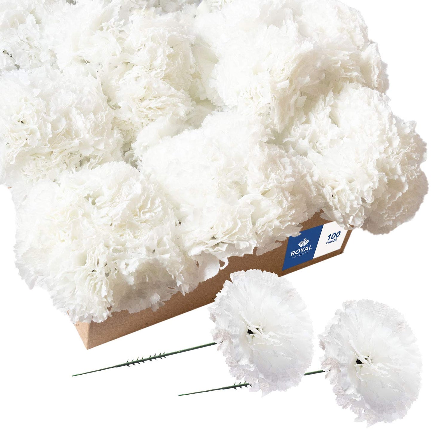 Royal Imports Artificial Carnations, Silk Faux Flowers, for Funeral Arrangements, Wedding Bouquets, Cemetery Wreaths, DIY Crafts - 100 Single 5" Stems - White