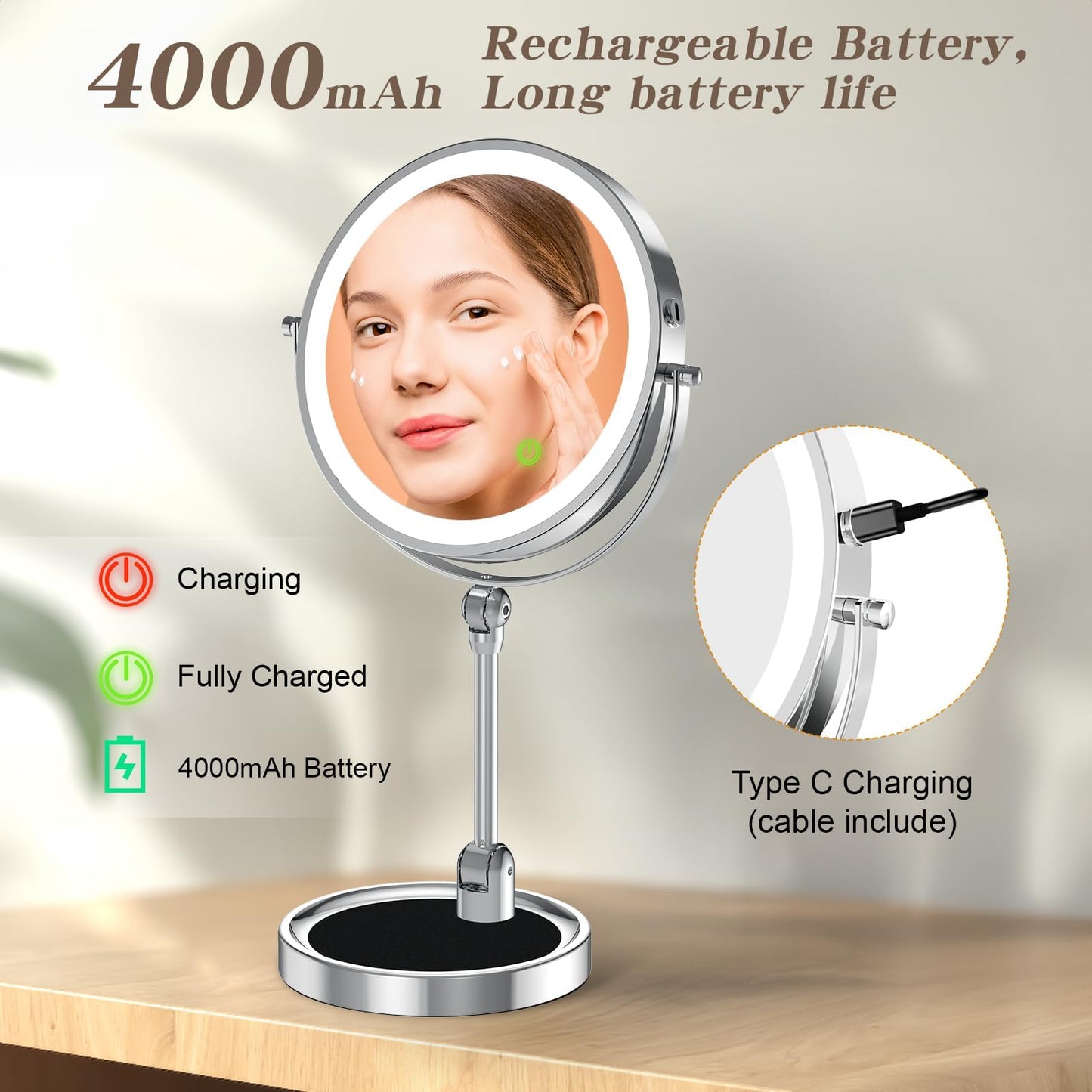 9" Large Lighted Makeup Mirror with 1X/10X Magnification, 4000mAh Rechargeable Vanity Mirror with Height Adjustable & 3 Color Dimmable Lights, 360°Swivel Double Sided Tabletop Cosmetic Mirror