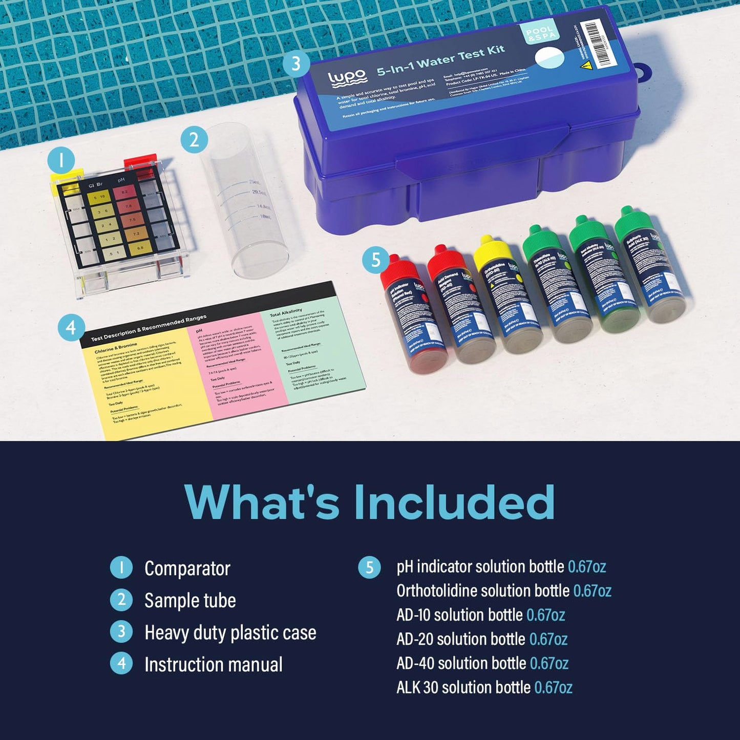 Lupo 5-in-1 Water Test Kit for Swimming Pools & Spas | Water Chemical Test Kit for Total Chlorine, Total Bromine, pH, Acid Demand and Total Alkalinity