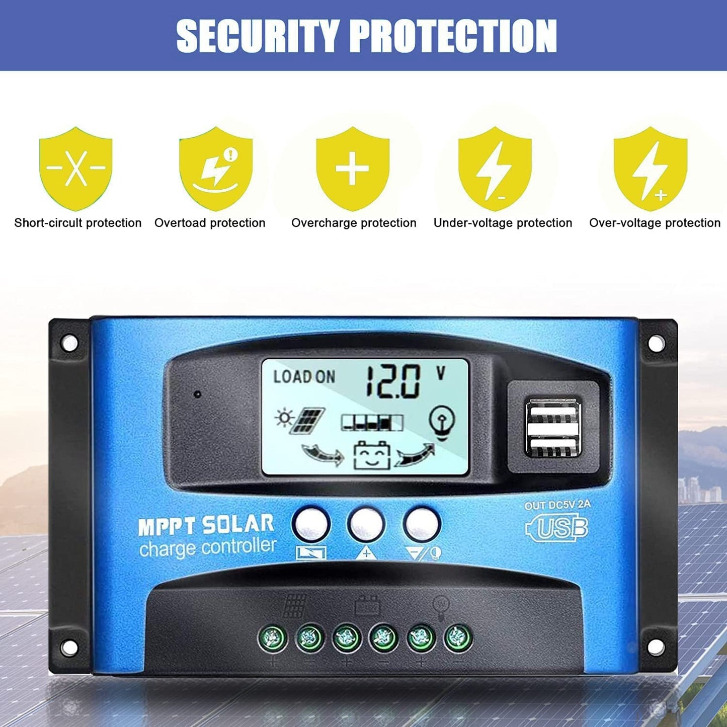 100A MPPT Solar Charge Controller 12v/24v Current Auto Focus MPPT Tracking Charge with LCD Display Dual USB Solar Regulator Charge Controller Multiple Load Control Modes