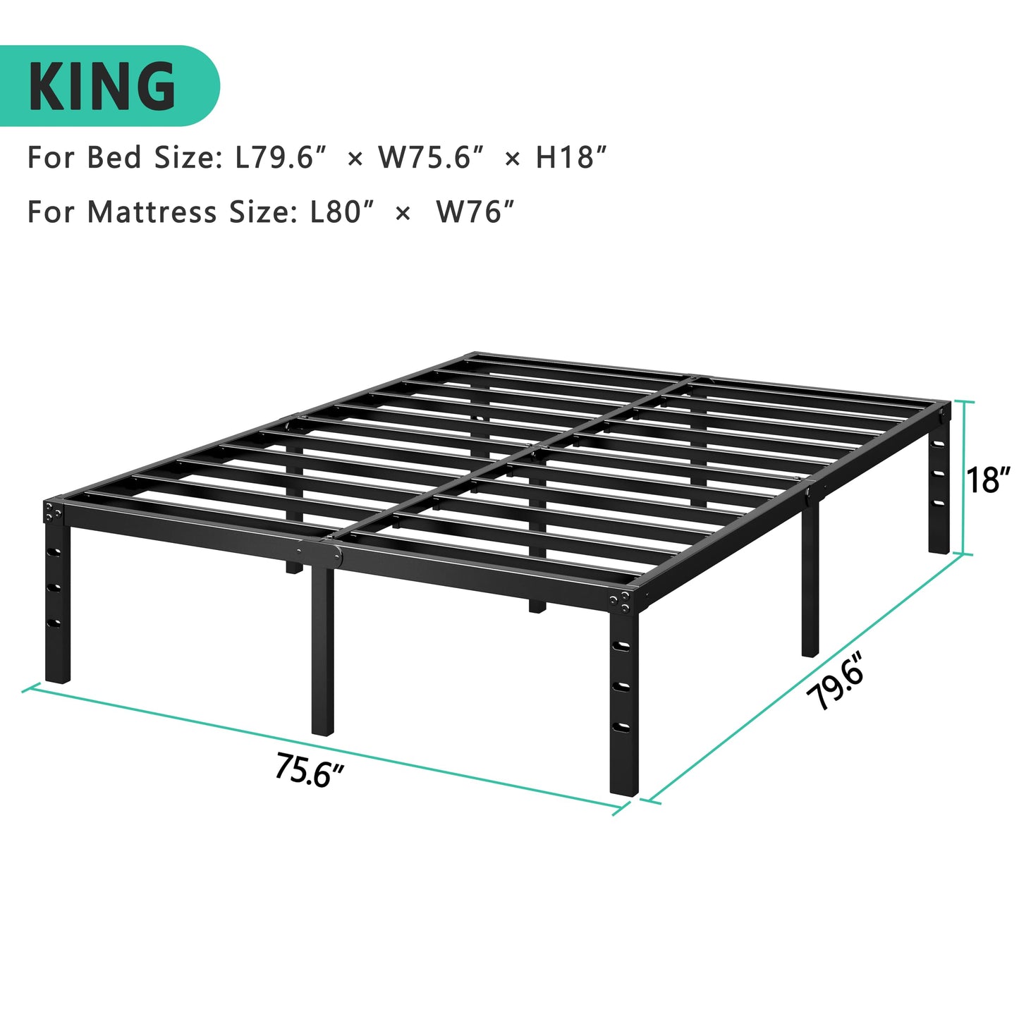 HLIPHA Metal Platform Bed Frame 18 Inch Tall Bed No Box Spring Needed,King Size Bed with Heavy Duty Strong Support Slats,Easy to Assemble,Black