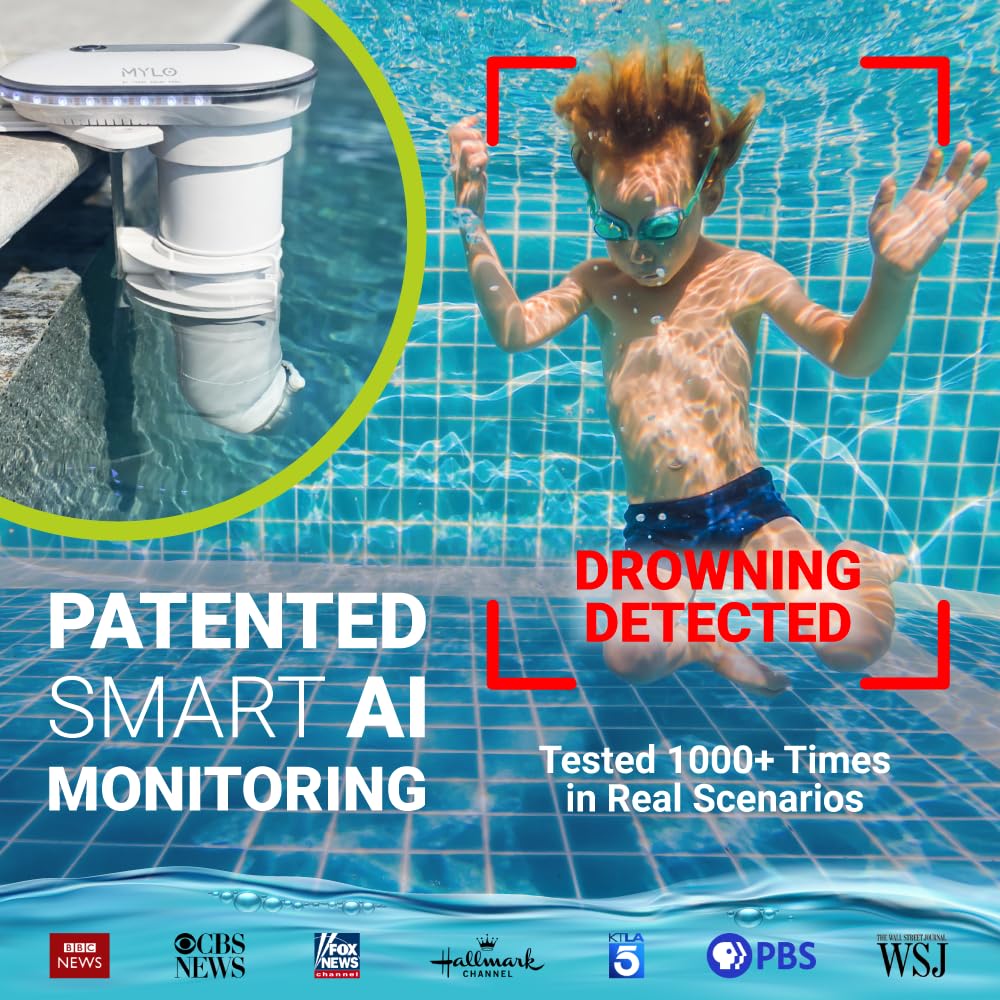 MYLO Smart AI Pool Alarm - Dual Camera - Underwater Drown Monitor System- Pool Alarms for Inground Pools & Above Ground Pools (20ft Power Cord)