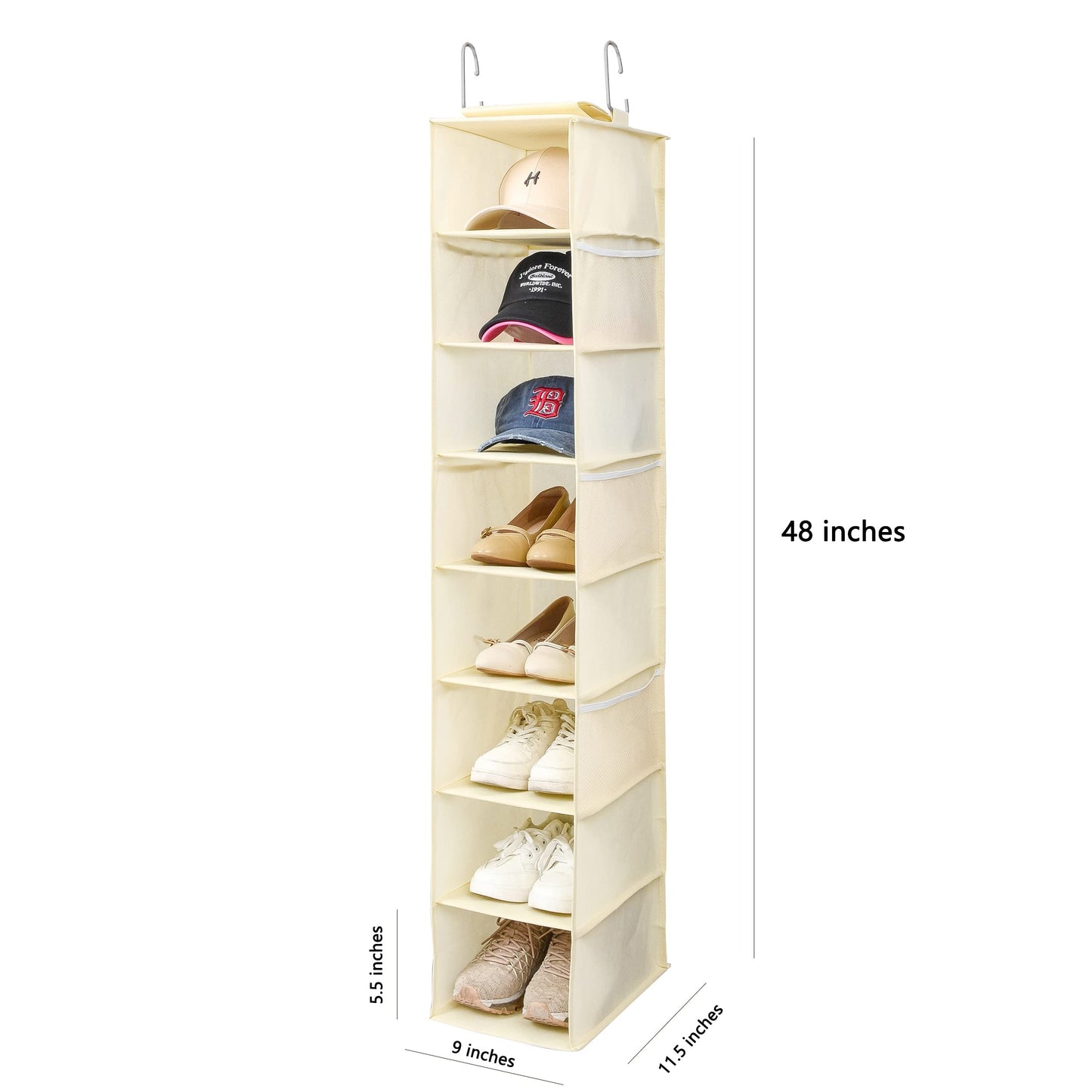 Berdeng Hanging Shoe Organizer for Closet with Side Mesh Pockets，Hat Racks for Baseball Caps，Shoe and Hat Holder & Storage，8-Shelf，Black，1 pack