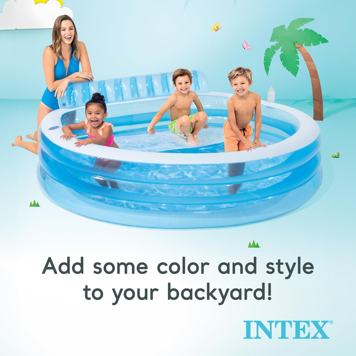 Intex Swim Center Inflatable Family Lounge Pool: Built-in Bench – Cup Holder – 156 Gallon Capacity – 90" x 86" x 31" – Blue