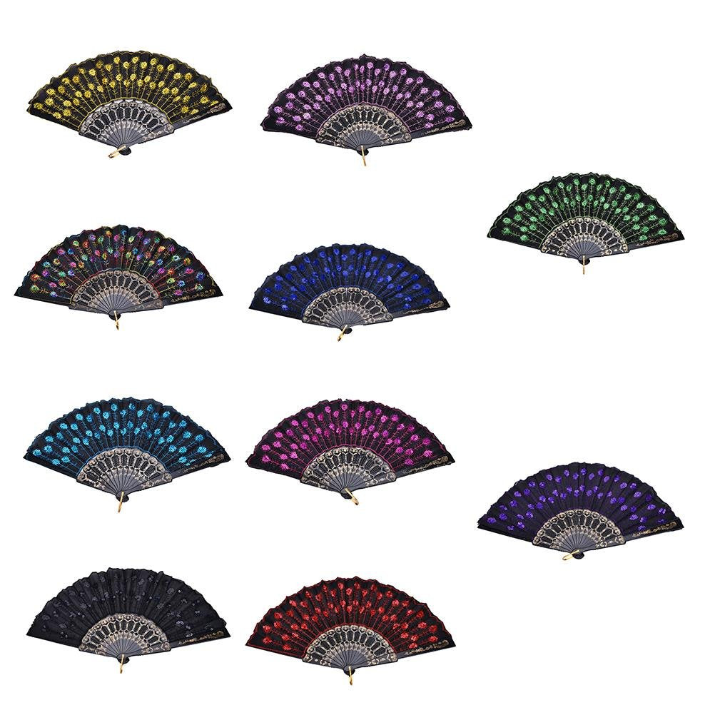 Winture 10 PCS Peacock Hand Fans, Spanish Folding Hand Fan, Flower Dancing Fans,Summer Handheld Folding Fans Party Favors for Girls Women (Embroidered Peacock Tail Pattern)