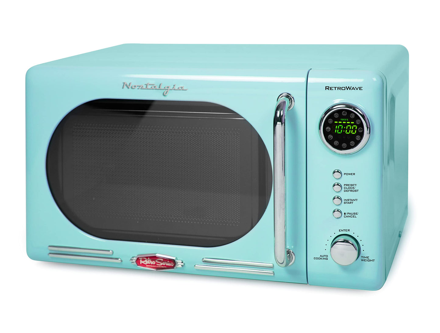 Nostalgia Retro Compact Countertop Microwave Oven, 0.7 Cu. Ft. 700-Watts with LED Digital Display & Retro Wide 2-Slice Toaster, Vintage Design With Crumb Tray, Cord Storage & 5 Toasting Levels, Aqua