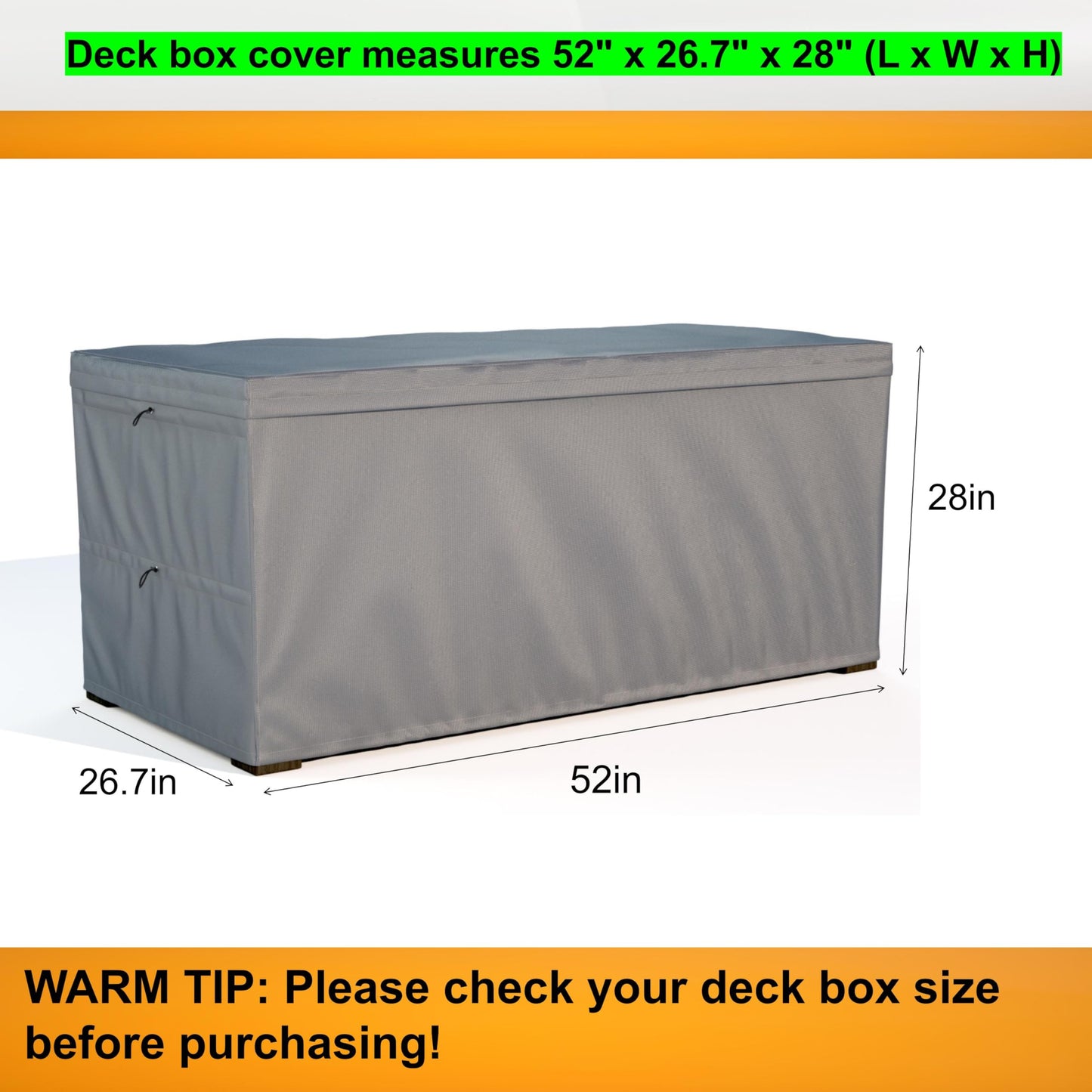 Deck Box Cover, Outdoor Large Storage Box Cover 130 Gallon Deck Box Dust Cover Heavy Duty 600D Oxford Fabric Patio Furniture Cover, Rain, Dust, UV, Wind, Snow Resistant, 52 x26.7 x 28 Inches