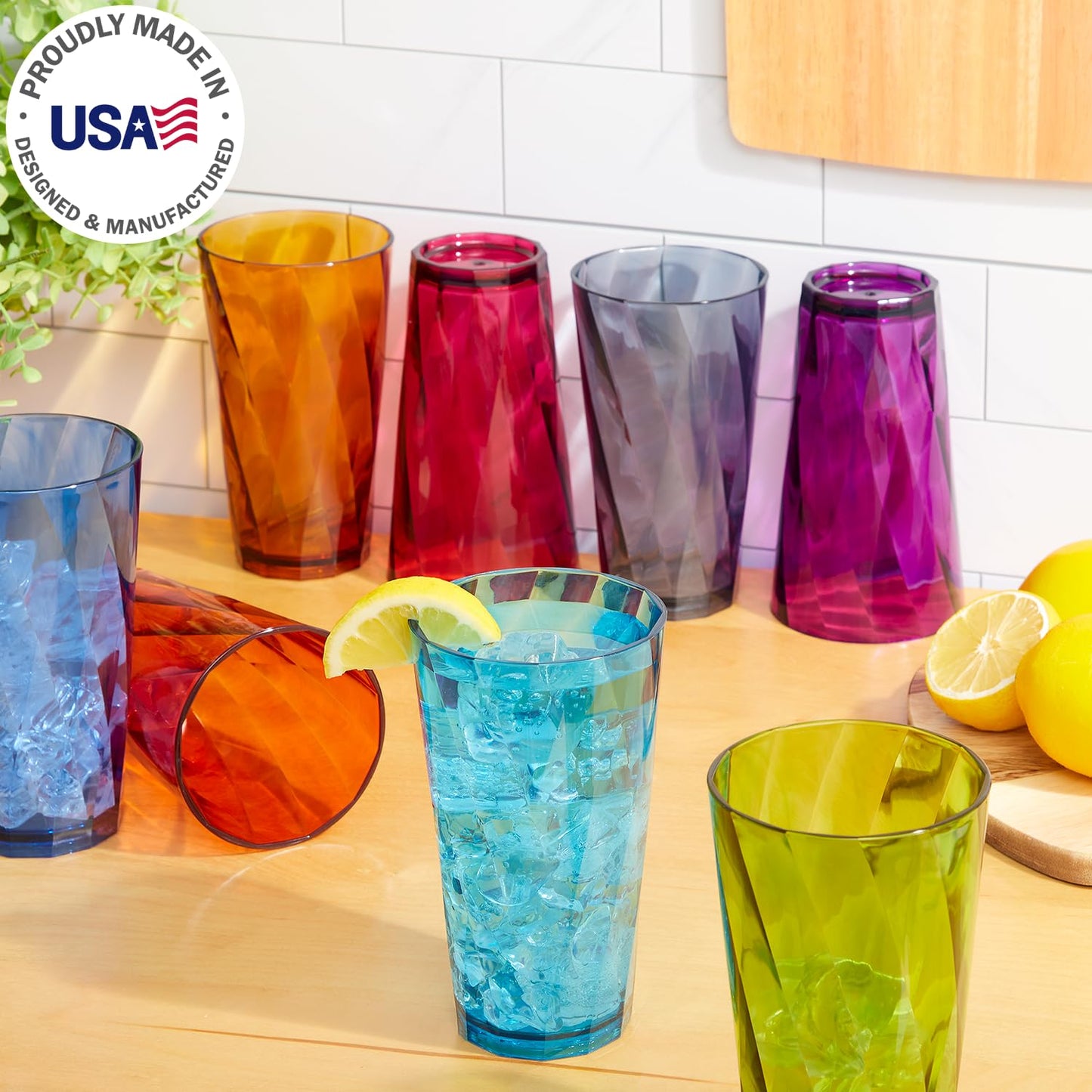 US Acrylic Optix Plastic Reusable Drinking Glasses (Set of 8) 20oz Water Cups in Jewel Tone Colors | BPA-Free Tumblers, Made in USA | Top-Rack Dishwasher Safe