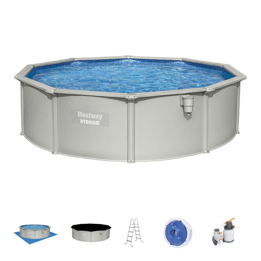 Bestway Hydrium 15'x 48" Steel Wall Above Ground Swimming Pool Set with Accessories, Sand Filter Pump, and Chemical Dispenser, Gray