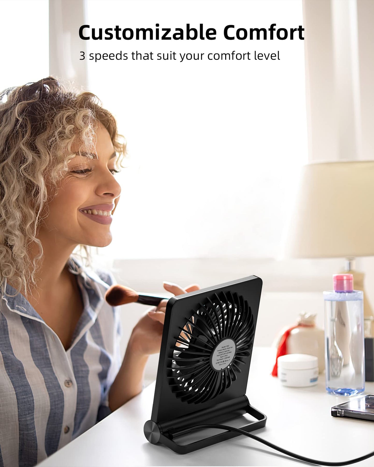 Koonie USB Fan, Strong Wind Ultra Quiet Small Desk Fan 220° Tilt Folding 3 Speeds Adjustable USB-C Corded Powered Personal Fan for Home Office Desktop Black