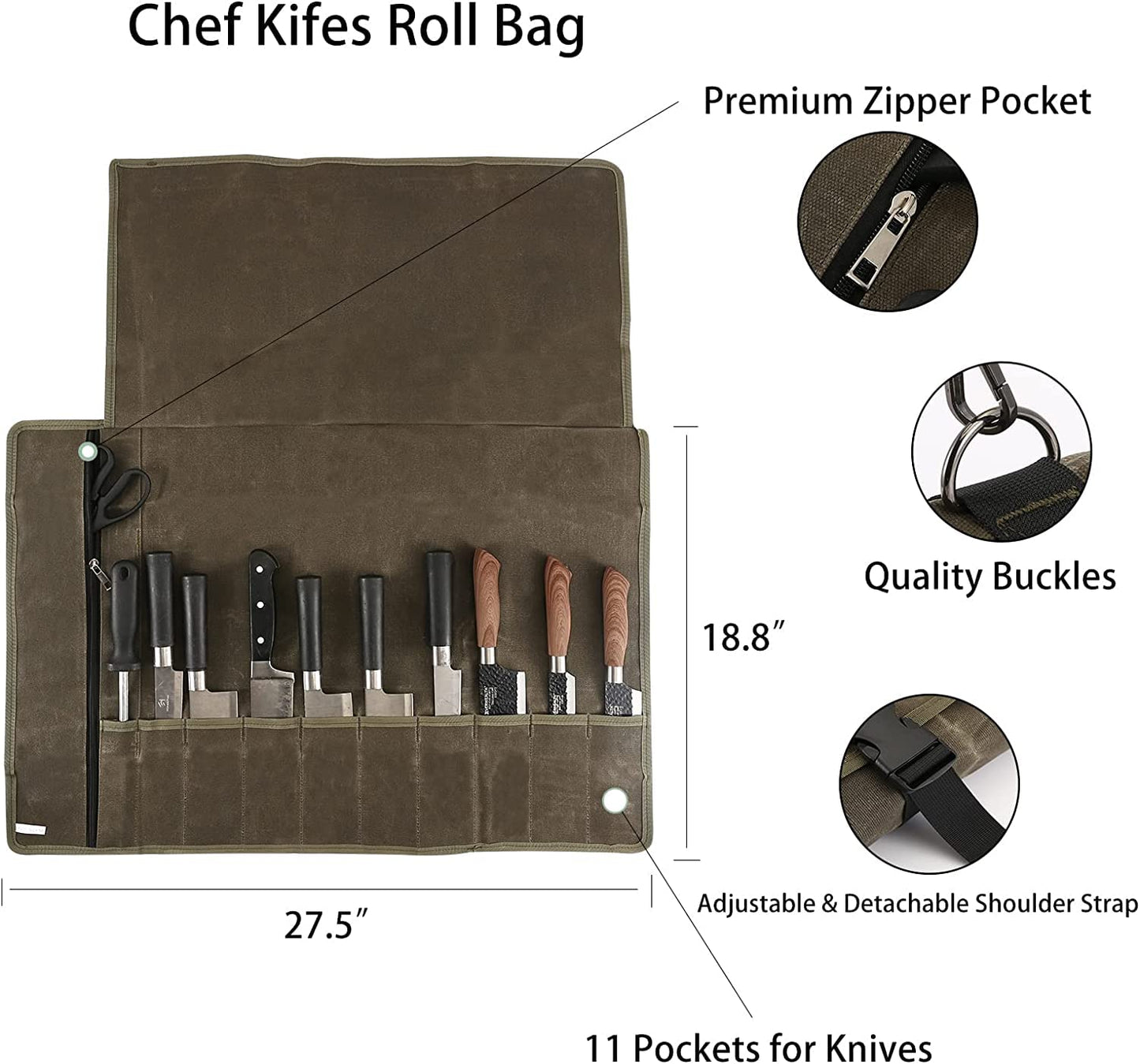 HERSENT Chefs Knife Roll Bag, Waxed Canvas Knife Cultery Carrier, Portable Chef Knife Cases, Knife Pouch Holders with 10 Slots Plus 1 Zipper Pockets Can Hold Home Kitchen Knife Tools Up to 18.8, 1.