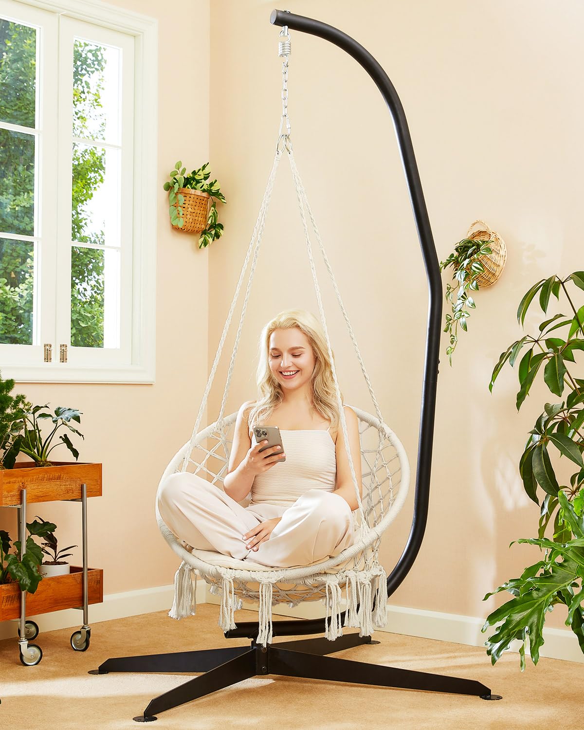 Greenstell Hammock Chair, Macrame Swing Chair with Comfy Cushion, Boho Hanging Chair for Outdoor & Indoor, Perfect for Bedroom, Patio, Balcony, Hold up to 330Lbs, Beige