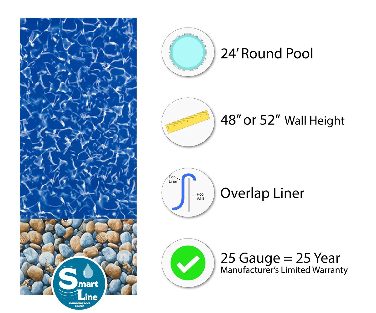 Smartline Bedrock 24-Foot Round Liner | Overlap Style | 48-to-52-Inch Wall Height | 25 Gauge Virgin Vinyl | Designed for Steel Sided Above-Ground Swimming Pools