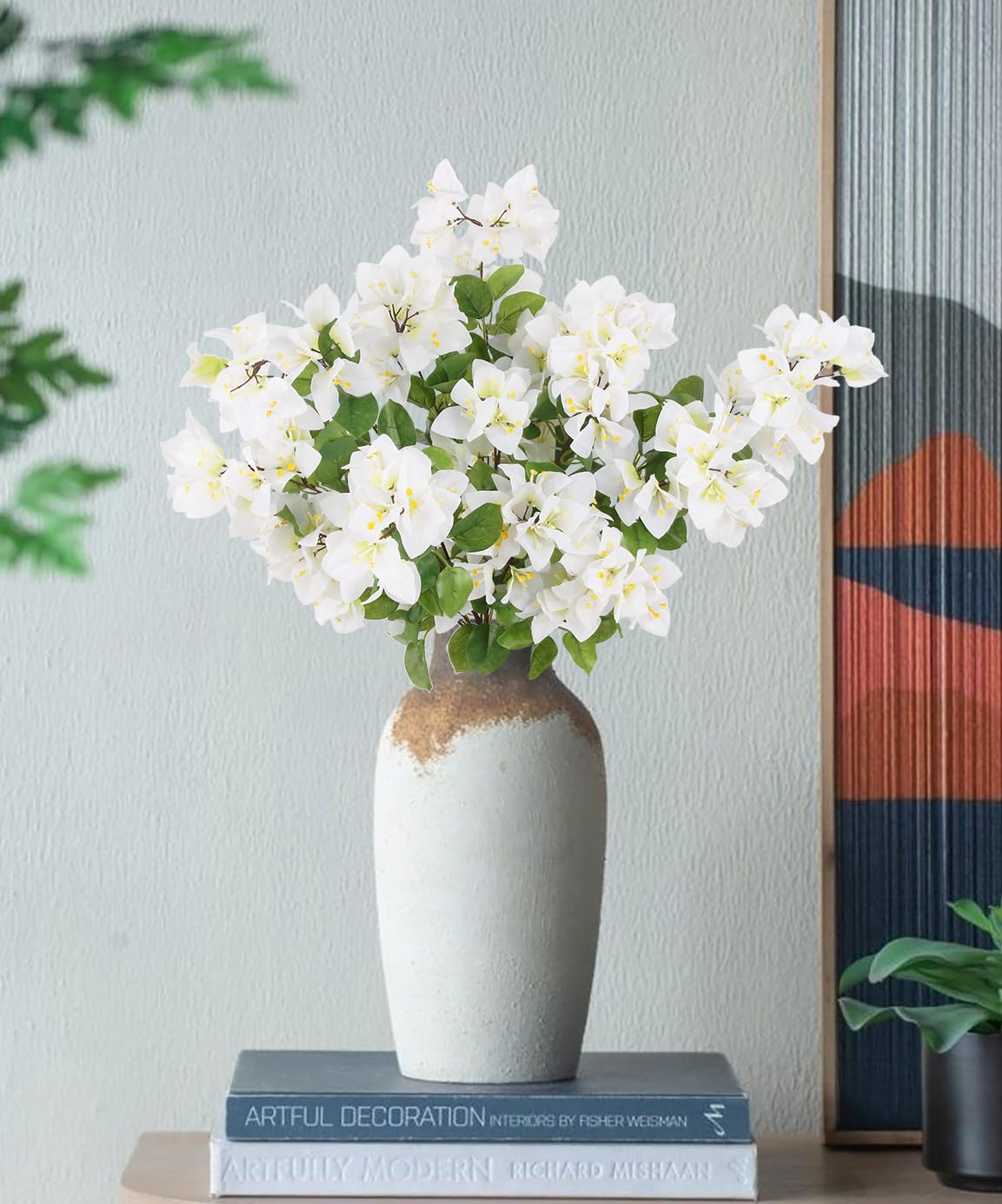 Tozeurty Faux Bougainvillea 3 Stems 15branches White Artificial Flowers Large Bougainvillea 36.2" White Fake Flowers for Tall Vase Flowers Arrangement Home Wedding Centerepieces Decor (White)