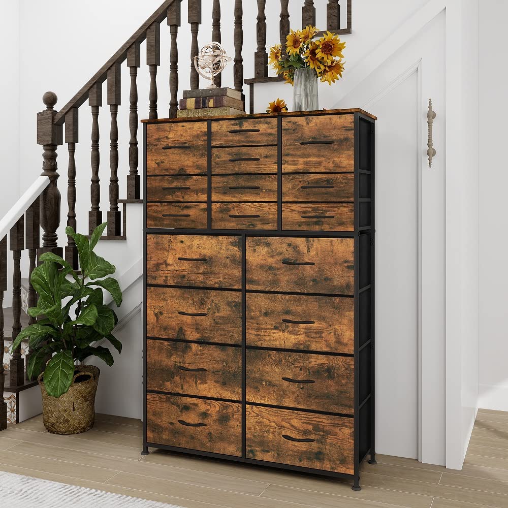 VASICAR Dresser for Bedroom with 18 Drawers, Tall Fabric Storage Dresser, Chest of Drawers for Closet, Nursery, Bedside, Living Room, Laundry, Entryway, Hallway (Rustic Brown)