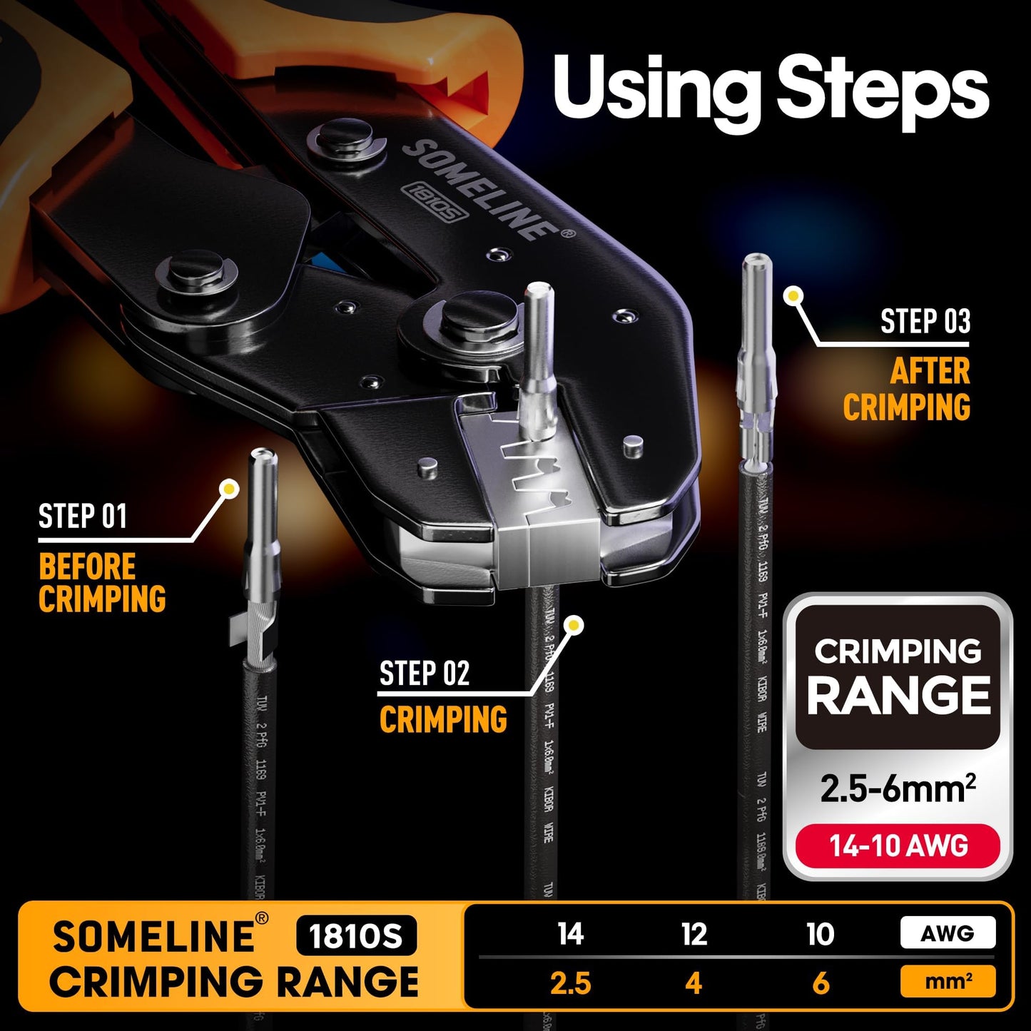 SOMELINE® Solar Connector Crimping Tool Kit, 14-10 AWG Crimper for Solar Panel Cables Connectors, Toolbox Kit with 6 Pairs of Solar Connectors and Wrenches, Strippers, Crimpers and Cable Cutter