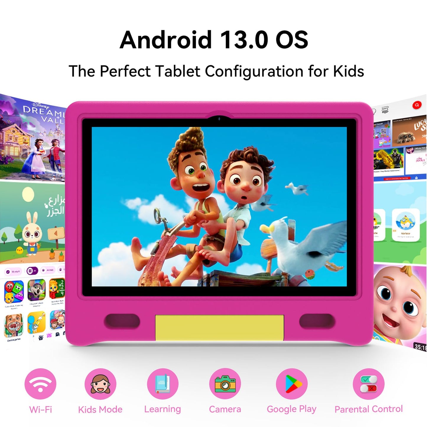 ApoloSign Kids Tablet, 10 Inch Android 13 Tablet for Kids, Expandable Storage, Long Battery Life, WiFi, Bluetooth, Drop-Proof Case, HD Display, for Toddlers and Children (Pink)