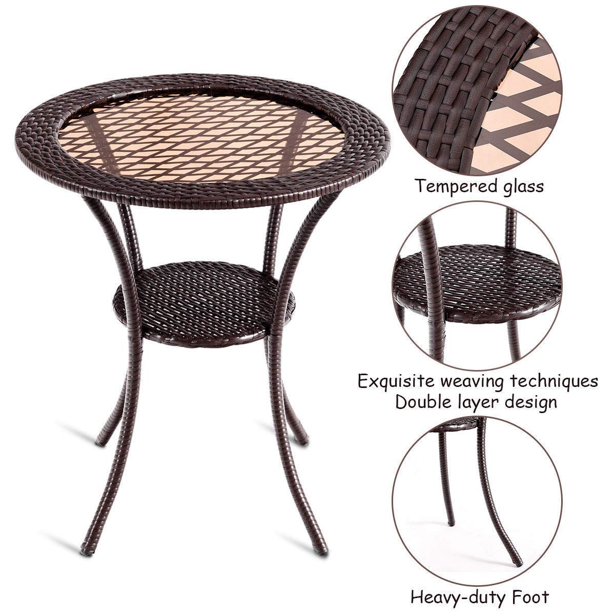 Tangkula 25 inch Patio Wicker Coffee Table Outdoor Backyard Lawn Balcony Pool Round Tempered Glass Top Rattan Steel Frame Side Table Furniture W/Storage Shelf, Brown