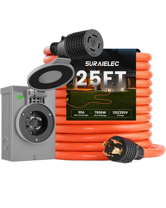 SURAIELEC 30 Amp 25FT Generator Cord and Power Inlet Box, Generator Box with 4-Prong Generator Cord, NEMA L14-30P to L14-30R Generator Cord Waterproof Combo Kit, ETL Listed, Ready for Emergency Use