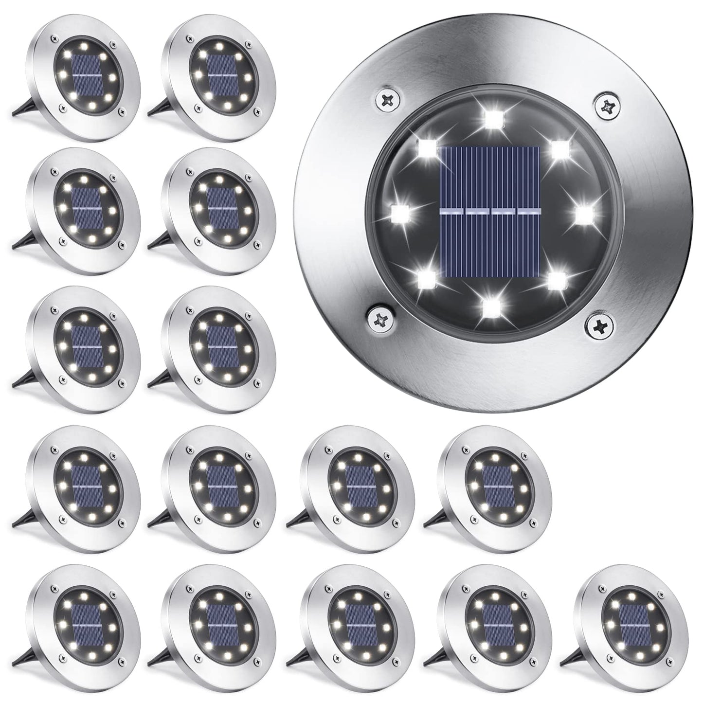 LYHOPE Solar Ground Lights Outdoor, 16 Pack 8 LED Solar Disk Lights Waterproof Garden In-ground Pathway Lights Landscape Lighting for Lawn,Yard,Deck,Patio,Walkway (White)