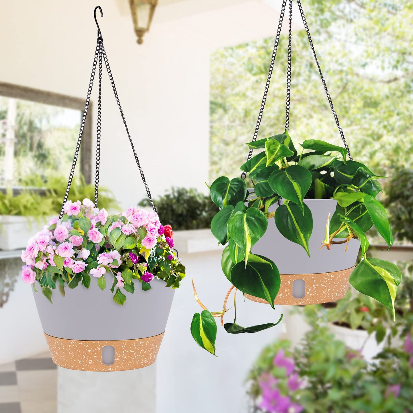 QCQHDU 2 Pack Hanging Planters Set,8 Inch Indoor Outdoor Hanging Plant Pot Basket,Hanging Flower Pot with Drainage Hole with 3 Hooks for Garden Home(Light Grey)