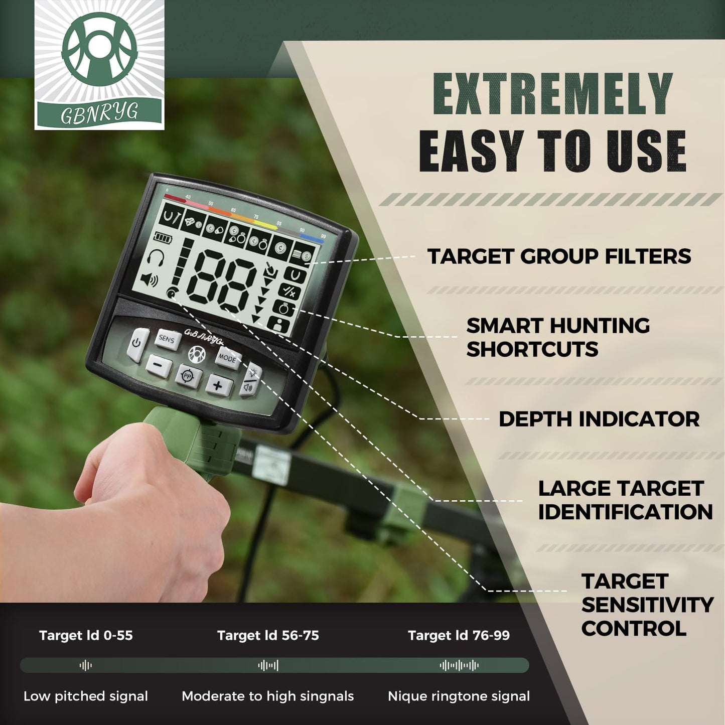 Gbnryg Metal Detector for Adults Professional, Pinpoint Metal Detector Waterproof Gold and Silver, Higher Accuracy, Bigger LCD Display, 12" IP68 Coil, New Advanced DSP Chip