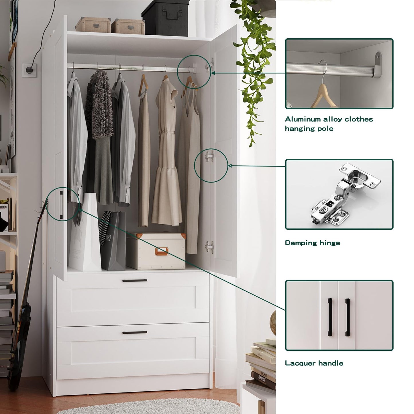 Fenghua Lizhi Wood White Wardrobe Closet with 2 Doors and Drawers，Bedroom Freestanding Armoire Storage Cabinet with Shelves，Wooden Wardrobe Combination for Hanging Clothes(31.5”W X 18.9”D X 68.9”H)