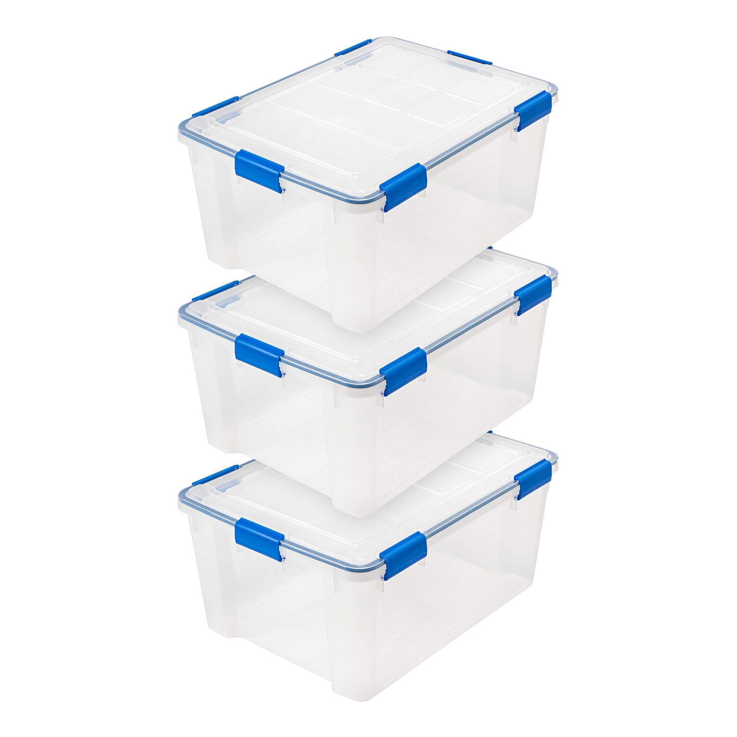 IRIS USA WeatherPro 60 Qt Storage Bins with Lids, 3 Pack, BPA-Free Plastic Gasket Box with Tight Latch and Seal, Stackable Nestable Tote Tub - Clear/Blue