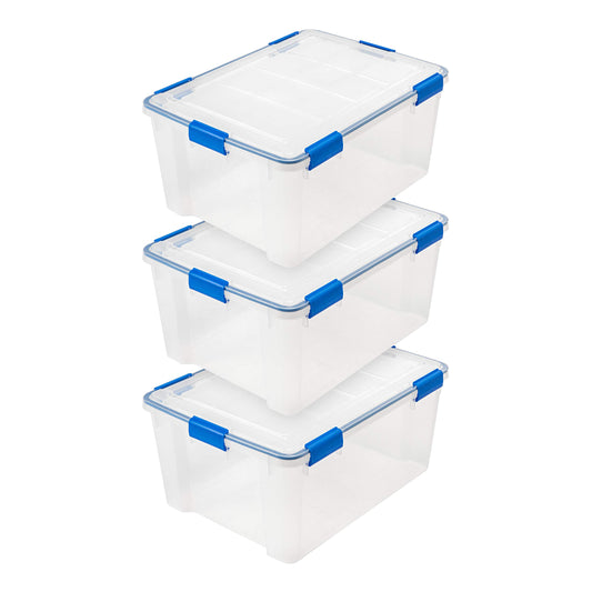 IRIS USA WeatherPro 60 Qt Storage Bins with Lids, 3 Pack, BPA-Free Plastic Gasket Box with Tight Latch and Seal, Stackable Nestable Tote Tub - Clear/Blue