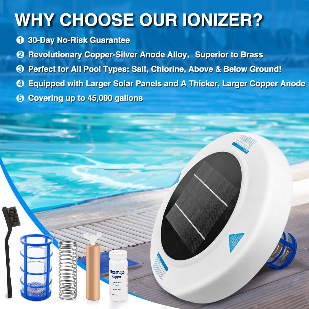 Solar-Powered Pool Ionizer, Automatic Floating Pool Cleaner Water Purifier with Thicker Copper Anode for Swimming Pool Up to 45,000 Gal, 85% Less Chlorine, Crystal-Clear Water Guaranteed!