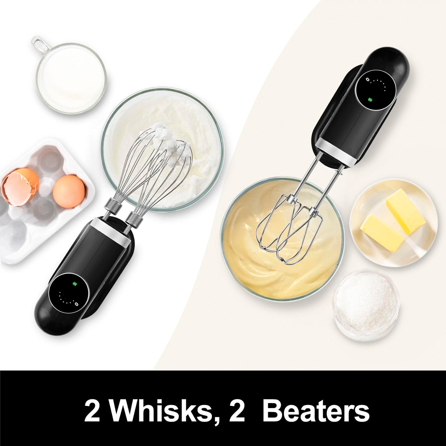 Kitchen in the box Cordless Hand Mixer, 6 Speed Dial Control Portable Electric Handheld Mixer with Beaters, Whisks, Charging Base and USB-C Charge Cable, Digital Display (Classic Black)