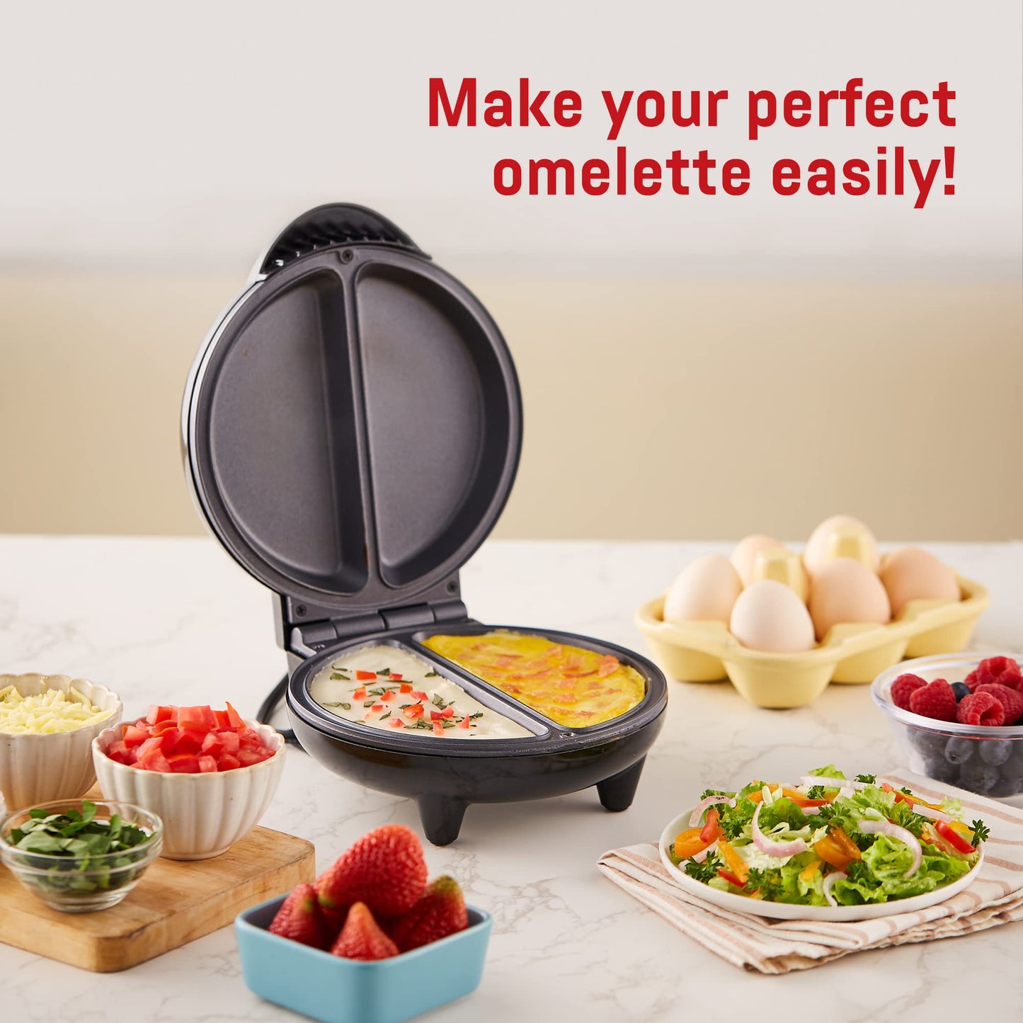 Elite Gourmet EOM205 Non-Stick Omelet, Frittata, Snack Pocket Maker, Dessert Maker, 2 Individual 6.5" Omelets, Stainless Steel and Black