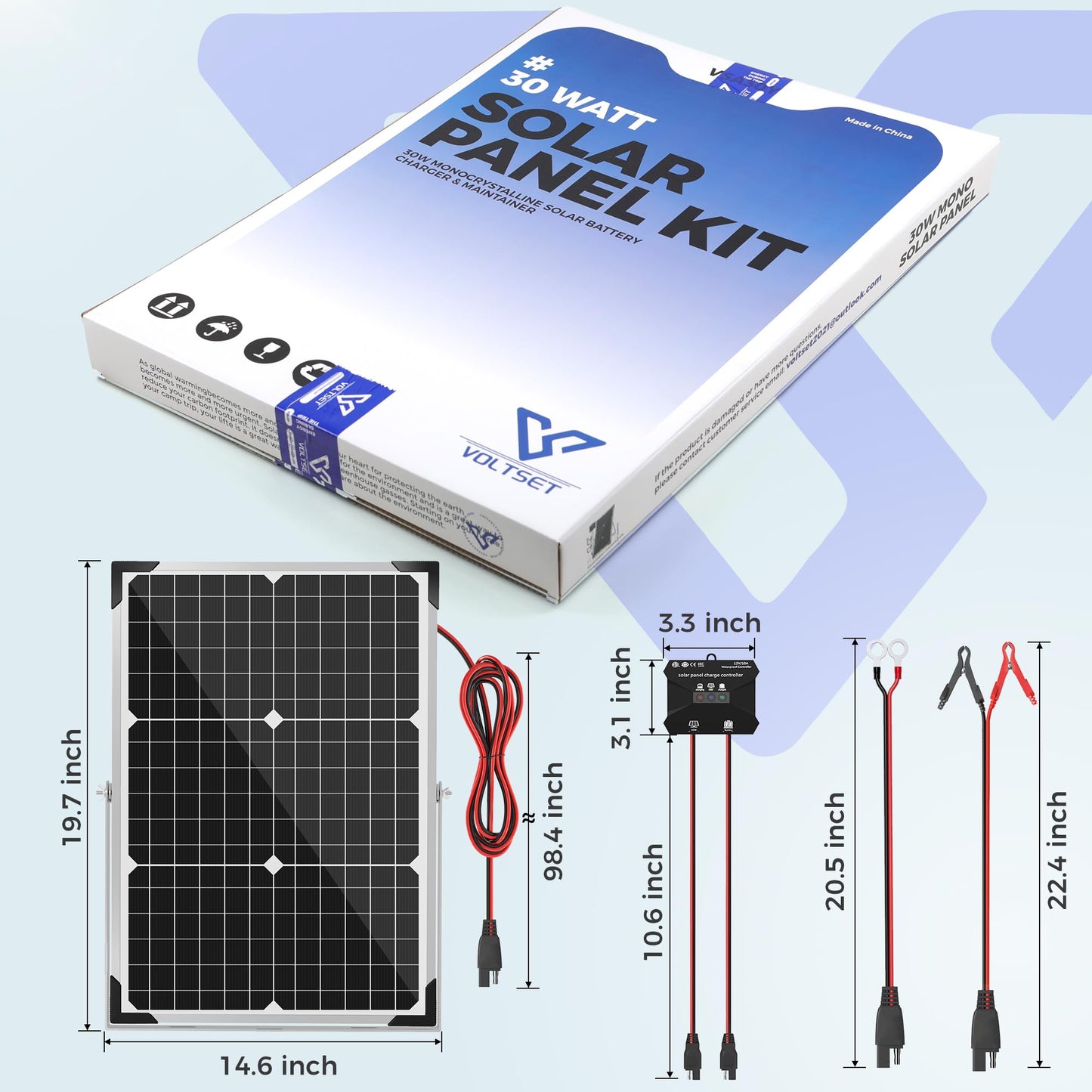 Voltset Solar Panel Kit 30W 12V, Solar Battery Trickle Charger Maintainer, Waterproof Solar Panel + Upgrade Charge Controller + Adjustable Mount Bracket for Boat RV Motorcycle Marine