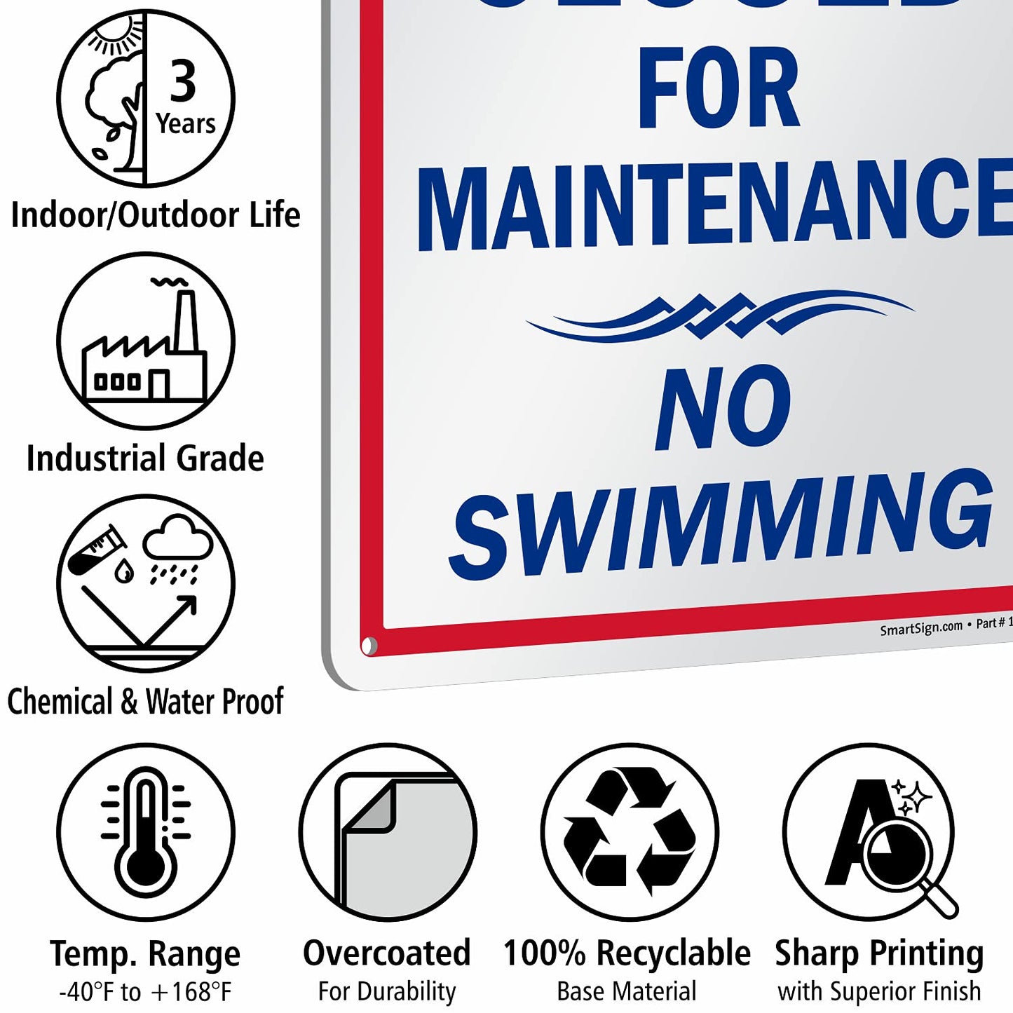 SmartSign-K-2377-PL "Attention - Pool Closed For Maintenance, No Swimming" Sign | 10" x 15" Plastic , Blue/Red on White