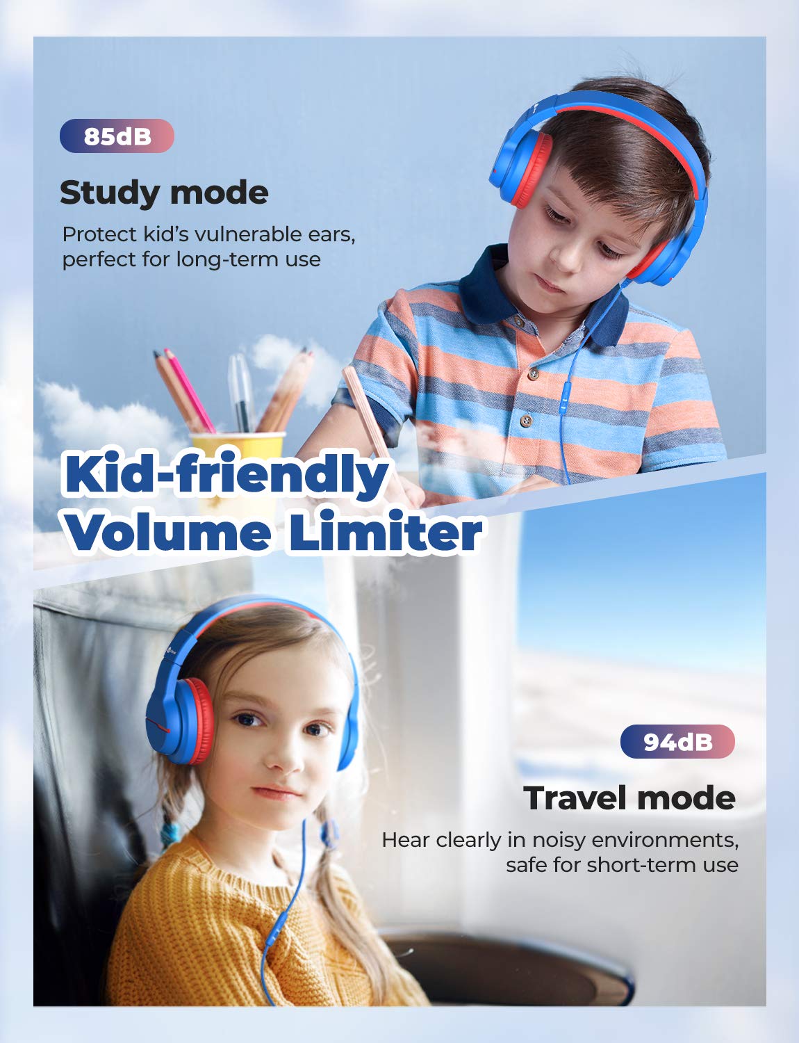 iClever Kids Headphones for School Travel, Safe Volume Limited, HD Mic Stereo Sound Over-Ear Girls Boys Headphones for Kid, FunShare Foldable 3.5mm Wired Kids Headphones for iPad Computer, HS19