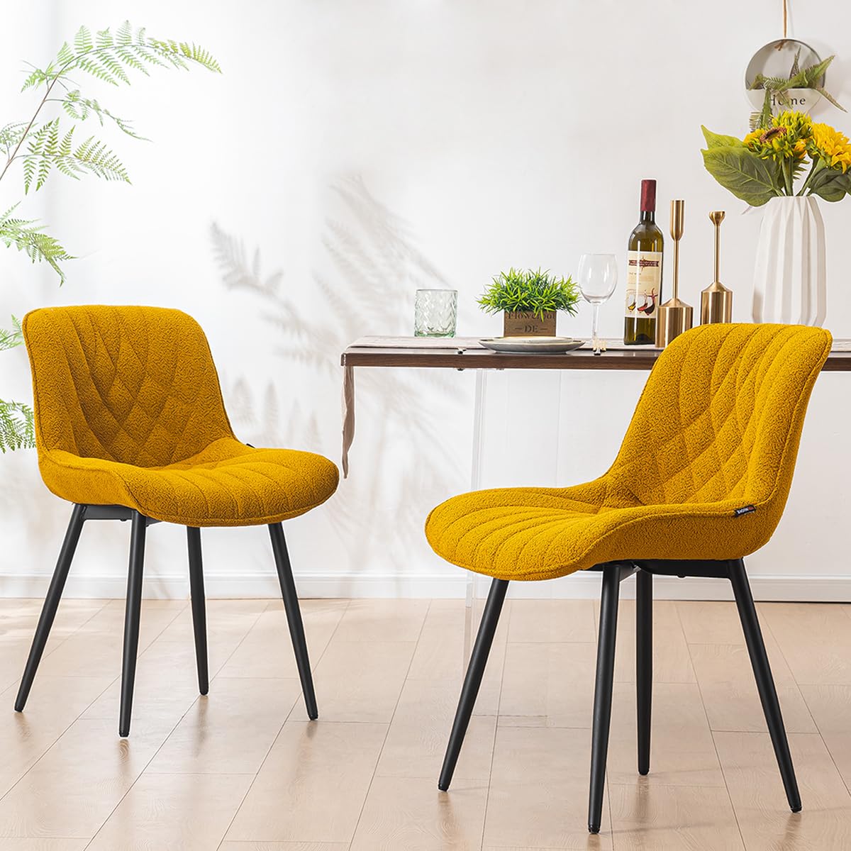 YOUNUOKE Comfortable Dining Chairs Set of 2, Mid-Century Modern Kitchen Dining Room Chairs, Upholstered Backrest Boucle Dining Chair with Black Metal, Yellow