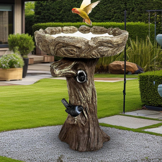 SKYFIRE 23” Tall Fibre Reinforced Concrete Birdbaths with Birds for Patio, Woodland Tree Trunk Decorative Outdoor Bird Bath for Garden，Pedestal Birdbaths for Outdoors, Garden, Patio, Lawn, Backyard