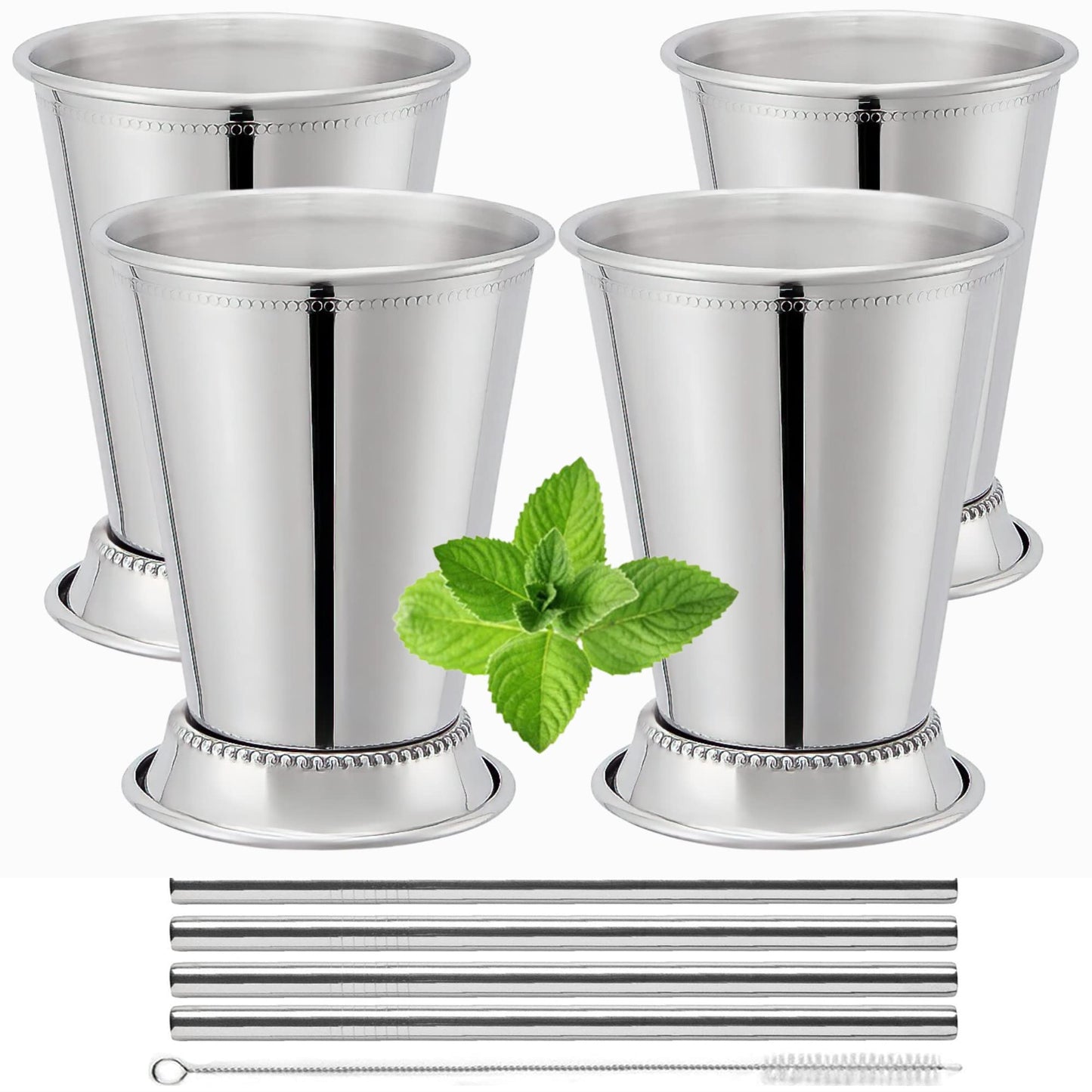 Mint Julep Cups Set of 4 with Straws - Stainless Steel Mint Julep Cup - Mint Julep Glasses - 12oz Commercial Grade Cups - Metal Cups - 2024 Mint Julep Set by Flavourd