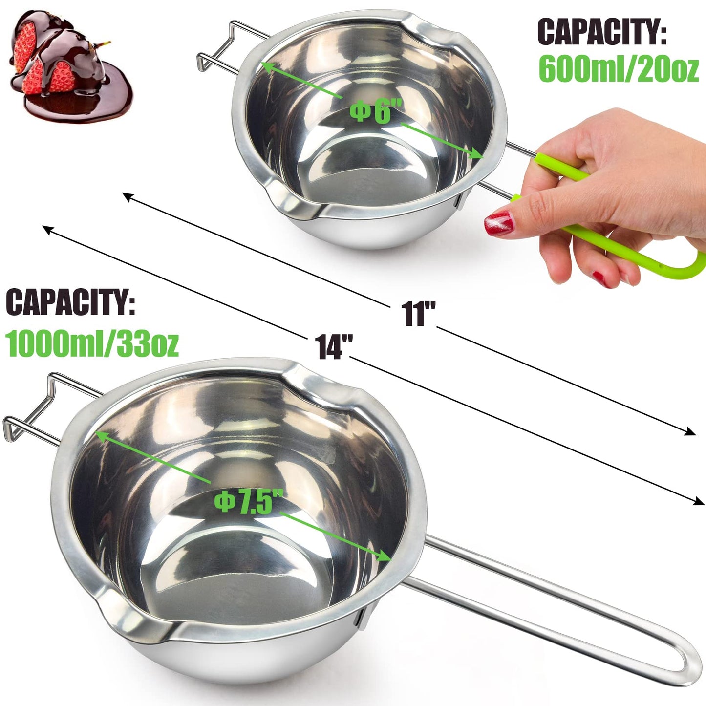 Double Boiler Pot Set for Melting Chocolate, Butter, Cheese, Caramel and Candy - 18/8 Steel Melting Pot, 2 Cup Capacity, Including The 1000ml and 600ml Capacity…