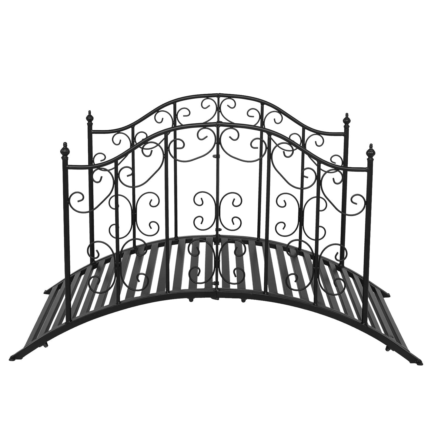 VINGLI Garden Bridge Metal Yard Arch Path Bridge with Patterned Guardrails, Ourdoor Decorative Black Iron Foot Bridge for Pond and Backyard Landscaping-4FT