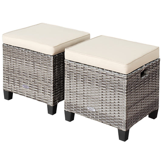 RELAX4LIFE 2-Piece Patio Rattan Ottomans - Outdoor Wicker Furniture w/ 2 Footrest Stools, Comfortable Cushions & Steel Metal Frame, All-Weather Patio Set for Backyard,Garden (White)