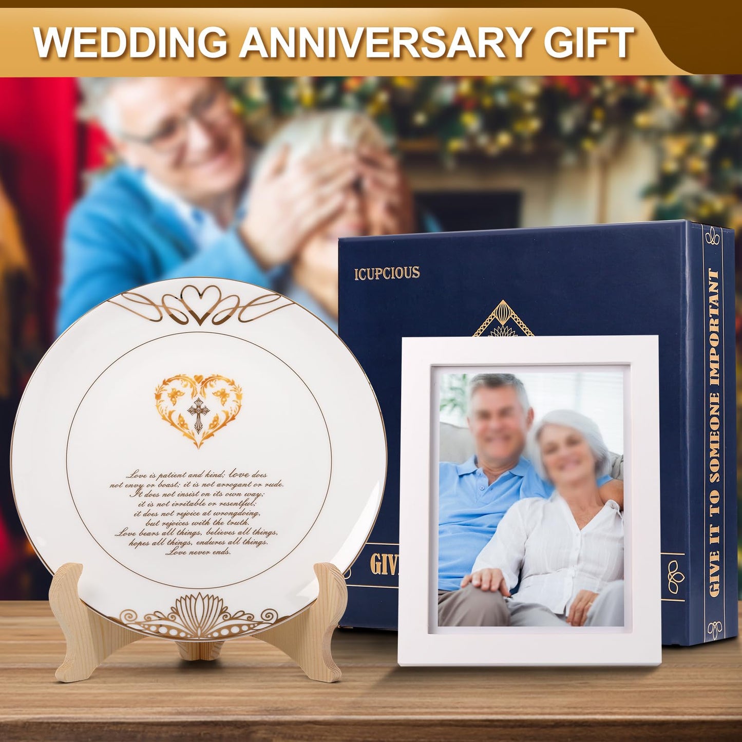 ICUPCIOUS Christian Decorations with 24K Gold Edge,Wedding Anniversary Plates,Wedding Gifts for Couples 2024,Couple Plates,with Picture Frame,Ceramic 9"