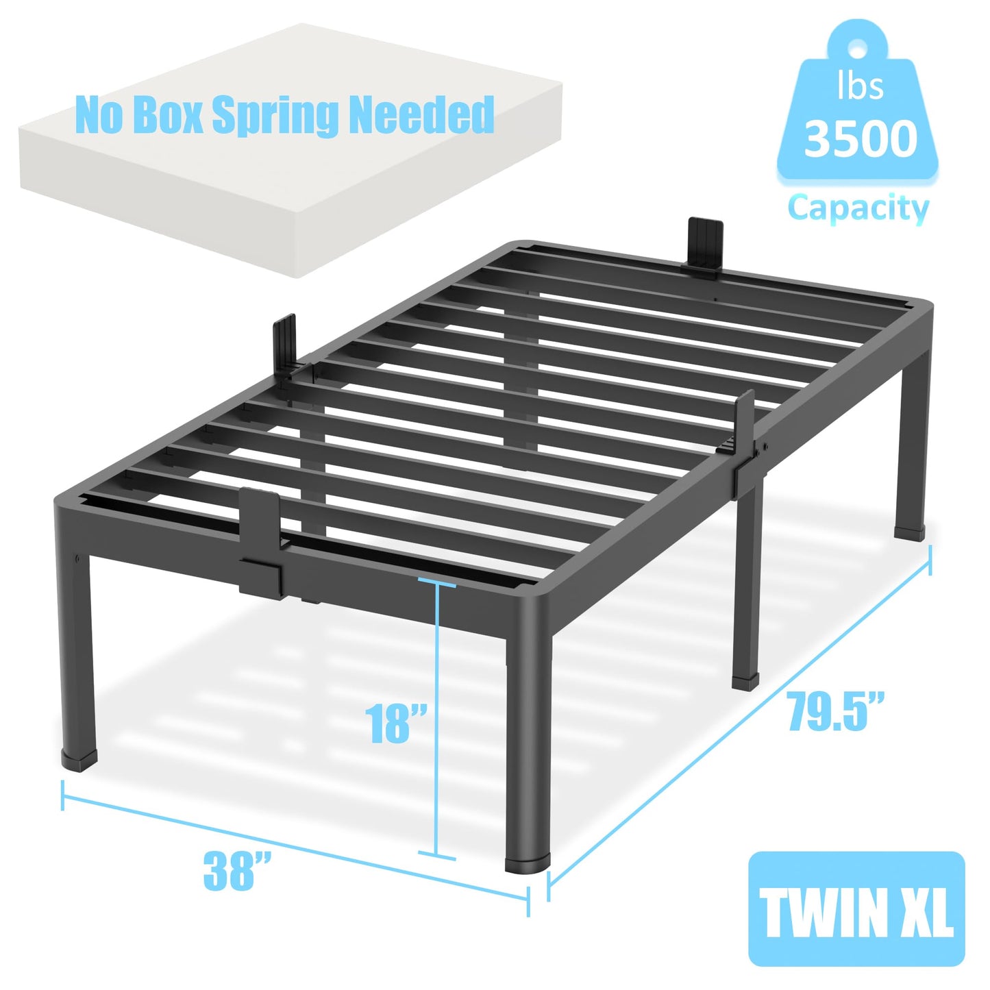 FUIOBYVV Twin XL Bed Frames with Round Corner Edge Legs 18 inch High 3500 lbs Heavy Duty Metal Platform Bed Frame Twin Size No Box Spring Needed/Non-Slip/Steel Slat Support/Noise Free