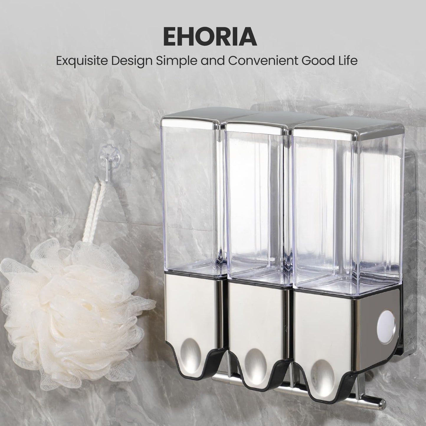 EHORIA 3-in-1 Quadrate Dispensers for The Shower,Shower soap Dispenser,Conditioner Dispenser, Shampoo Dispenser,No Drilled Wall Mounted Distributor,Hotel,Bathroom,Home (Triple, Colorless)