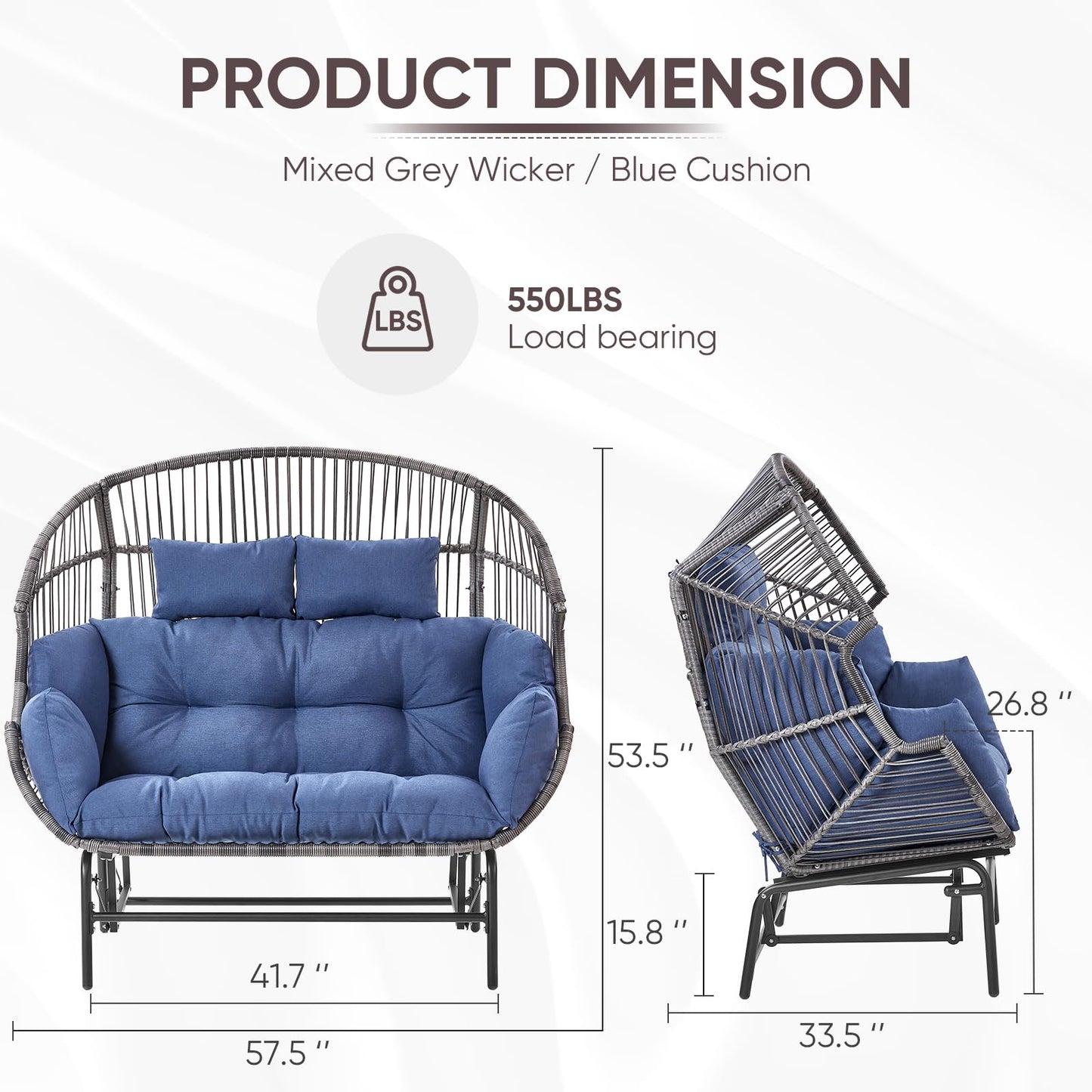 Belord Double Egg Chair Outdoor Glider Loveseat, 550LBS Weight Capacity Wicker Patio Rocking Egg Chairs, Handwoven Rattan Porch Furniture Glider Loveseat for Patio Deck Balcony Sunroom