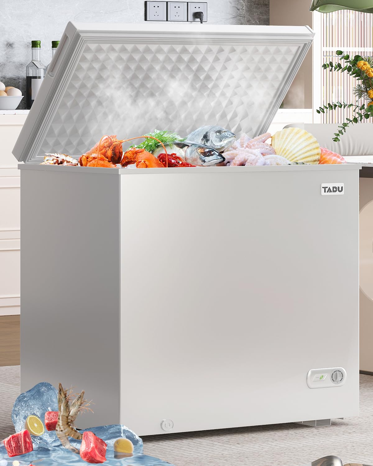 TABU 10.0 Cubic Feet Chest Deep Freezer, Large Chest Freezer with 7 Level Adjustable Thermostat, Top Opening Door Chest Freezer with Removable Storage Basket, White